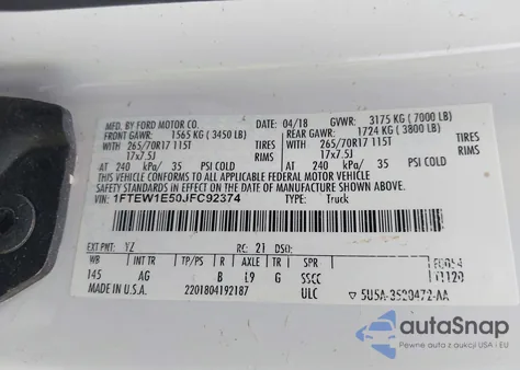 2018 Ford F-150 Xl из США, поврежденный, VIN 1FTEW1E50JFC92374